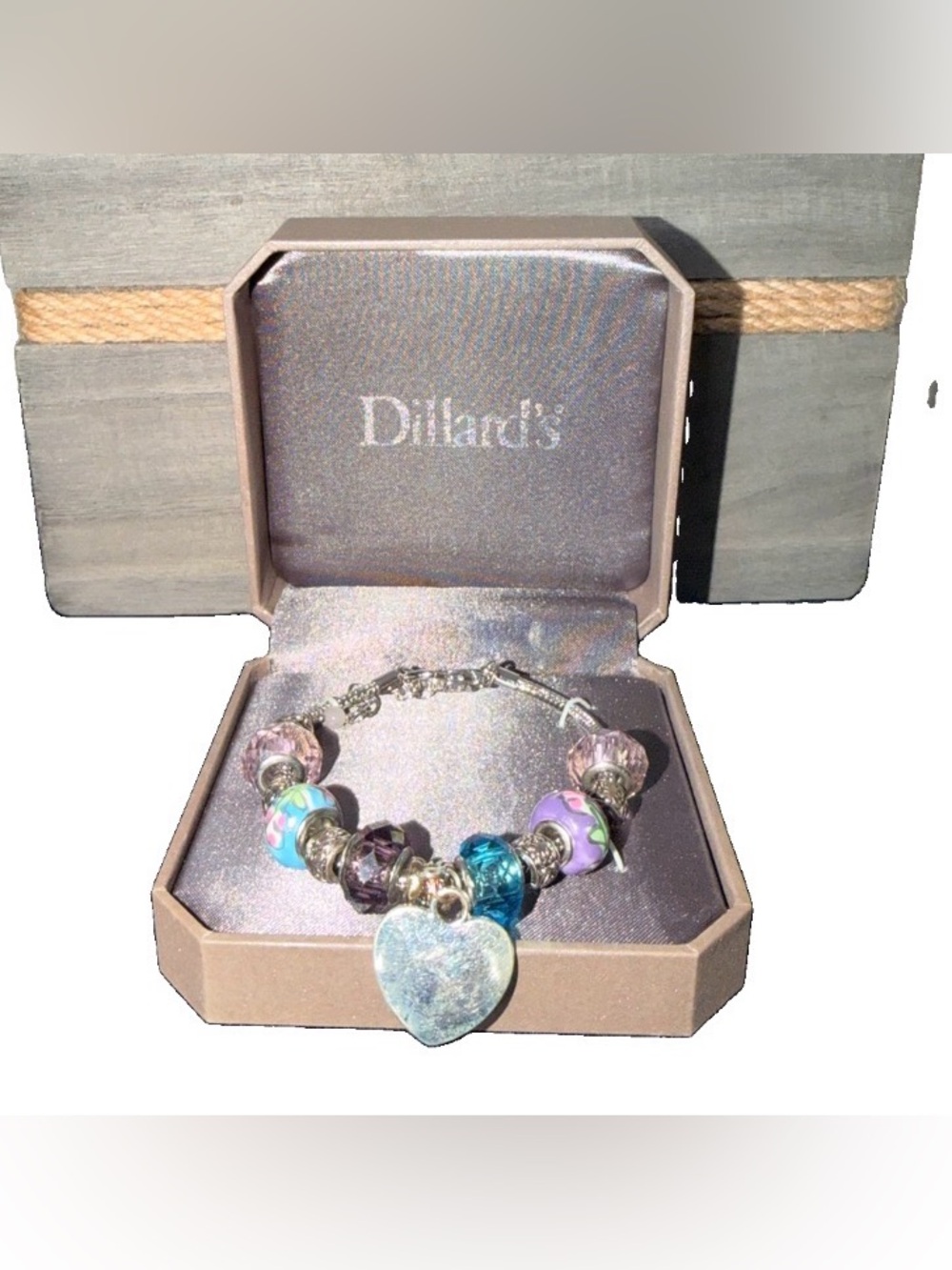 Dillards Silver Plated Heart Charm Bracelet Round Purple Aqua Beads New In Box